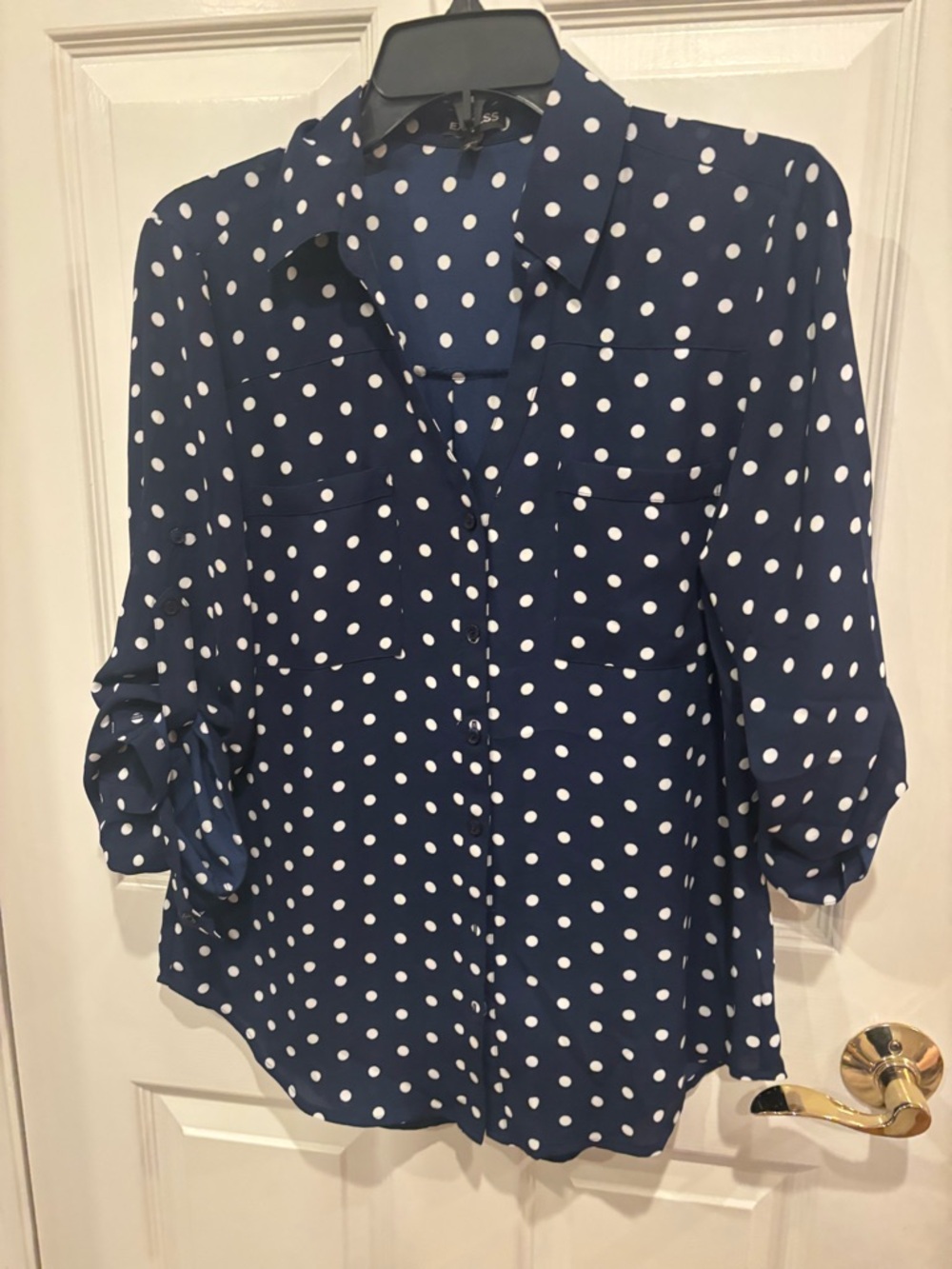 Express Navy Blue Polka Dot Button-Up Blouse